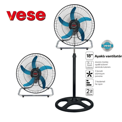 VESE Sanayi Tipi Ayaklı Vantilatör 18'' 3'ü 1 Arada - Ayaklı, Duvar ve Masa Tipi Profesyonel Ağır Hizmet Pervanesi