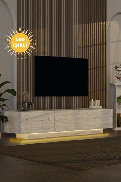 Almad Led Işıklı Tv Ünitesi Modern Uçan Tv Sehpası 3 Kapaklı Bohem Minimal Tasarım Traverten