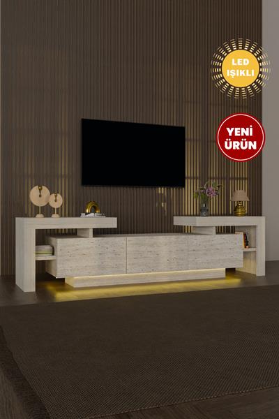 BulForte Led Işıklı Tv Ünitesi 190cm Modern 3 Kapaklı Raflı Uçan Tv Sehpası Traverten Desen