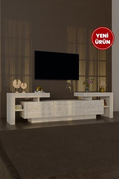 BulForte Tv Ünitesi 190cm Modern 3 Kapaklı Raflı Uçan Tv Sehpası Traverten Desen