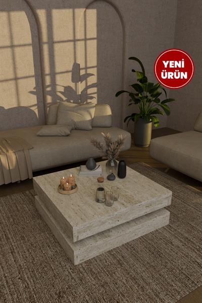 Dammas Kare Orta Sehpa Modern 2 Katlı Orta Sehpa İkonik Tasarım Sehpa Traverten Desen