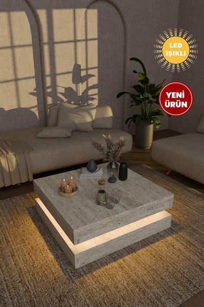 Dammas Led Işıklı Kare Orta Sehpa Modern 2 Katlı Orta Sehpa İkonik Tasarım Sehpa Traverten Desen