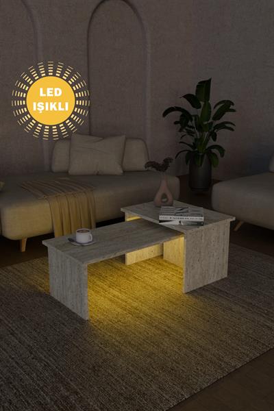 Helsinki Led Işıklı 2li Orta Sehpa Yan Sehpa Traverten Mermer Desen