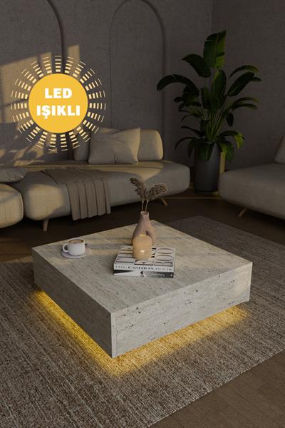 Nisay Led Işıklı Kare Orta Sehpa Uçan Yeni Nesil Modern Küp Sehpa Traverten Mermer Desen