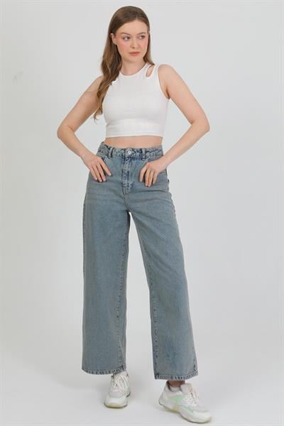 Kadın Mavi Midi Boy Bol Paça Kot Pantolon