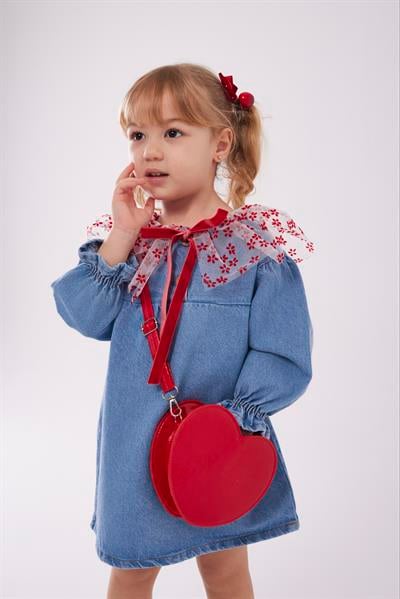 Çiçek Detaylı Kurdele Detaylı Kot Elbise 