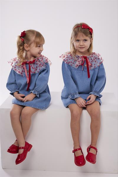 Çiçek Detaylı Kurdele Detaylı Kot Elbise 