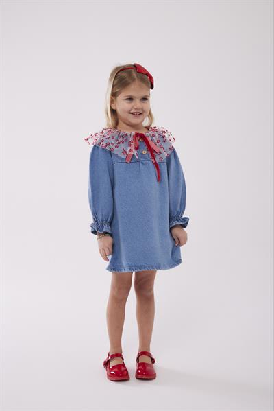 Çiçek Detaylı Kurdele Detaylı Kot Elbise 