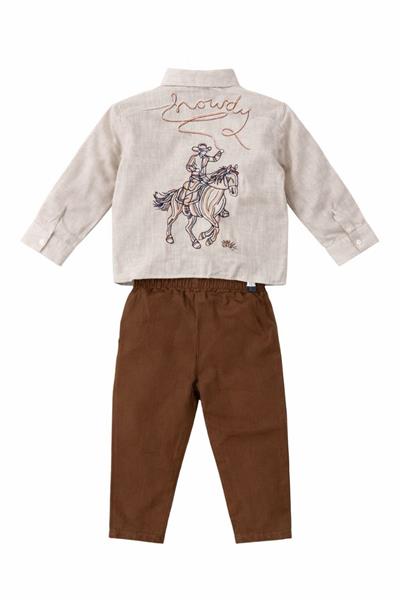 Keten Gömlek Gabardın Pant Sırt Nakış Detaylı Takım 