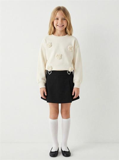 Krem Güllü Sweat Çelik Şort Etek Takım (BÜYÜK YAŞ)
