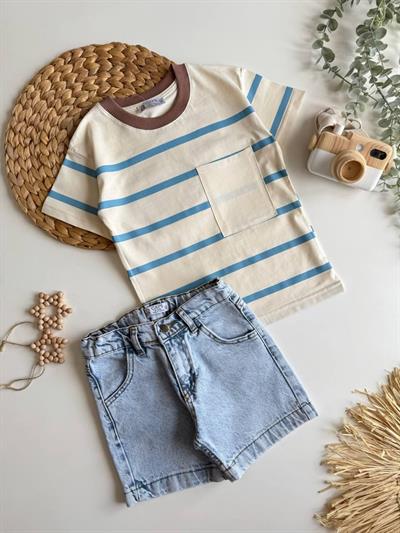 Krem-Mavi Çizgili Denim Kot Takım