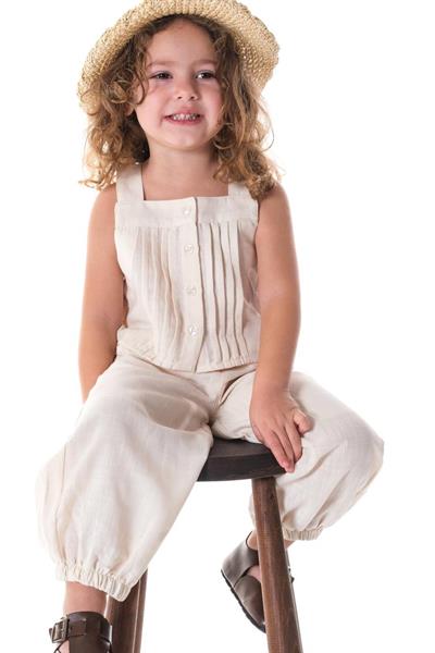 Krem Pileli Crop Keten Takım