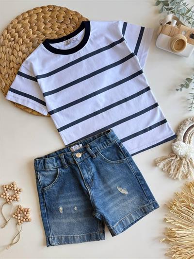 Lacivert-Beyaz Çizgili Denim Kot Takım