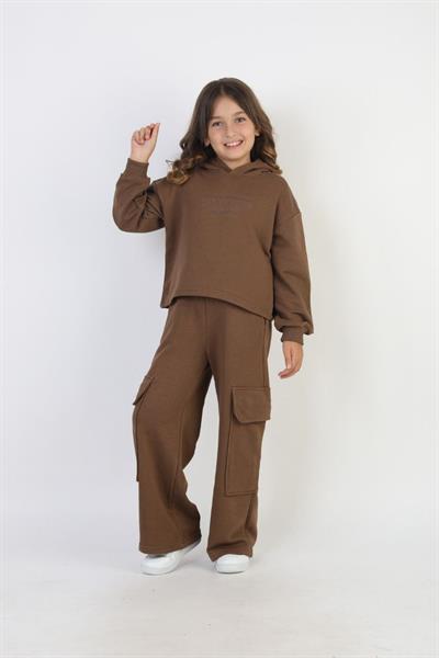 Orjinal Marka Kız Cocuk Büyük Yaş Kapüşon Detaylı Kargo Cep Detaylı Kahverengi Takım 
