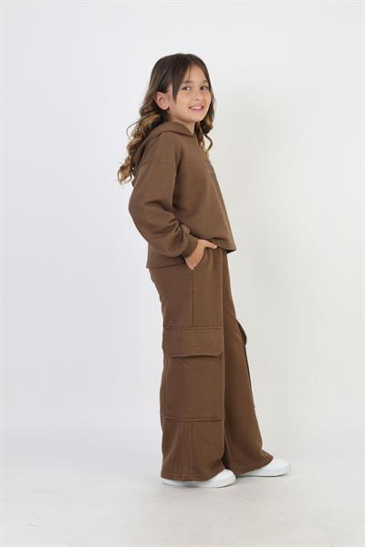 Orjinal Marka Kız Cocuk Büyük Yaş Kapüşon Detaylı Kargo Cep Detaylı Kahverengi Takım 