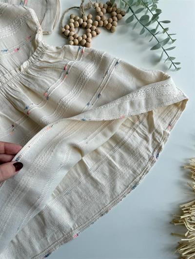 Yazlık Keten Desenli Elbise Krem