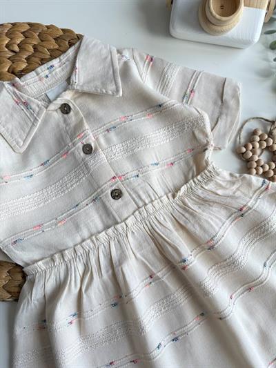 Yazlık Keten Desenli Elbise Krem