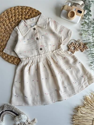 Yazlık Keten Desenli Elbise Krem