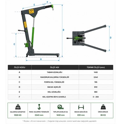 ALFA 1 Ton Katlanır Hidrolik Vinç - Motor Kaldırma Caraskalı