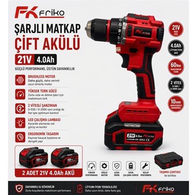 FRIKO Şarjlı Matkap Çift Akülü 21V 4 Ah