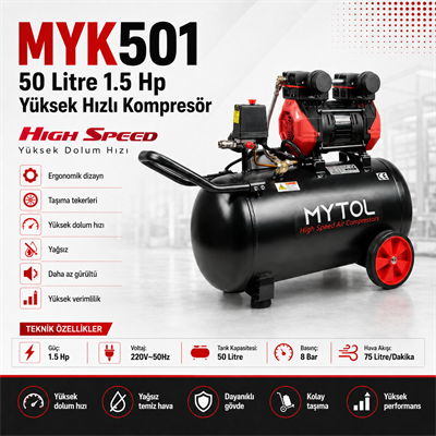 MYTOL 50 LT Hava Komprosörü Yüksek Hızlı 1.5 HP - MYK501