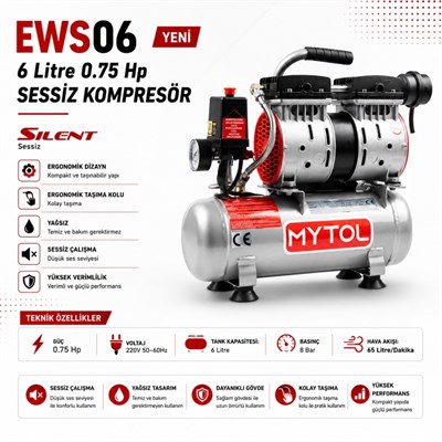 MYTOL 6 LT Sessiz Hava Kompresörü 0.75 HP - EWS06