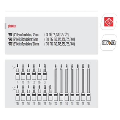 RICO 007-RC3029 1/4 ve 1/2 Torx Uçlu Lokma Takımı Delikli 20 Parça