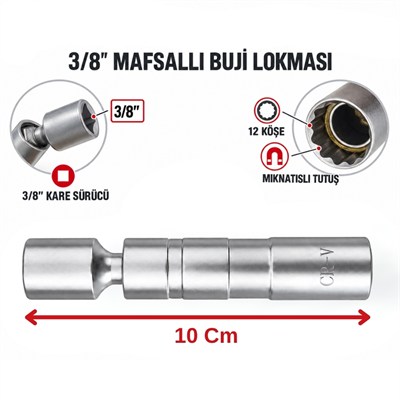 UNIVERSAL 3/8 On İki Köşe Mafsallı Buji Lokması 16 mm