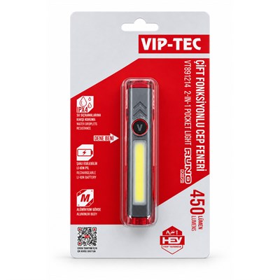 VIP-TEC Runo Şarjlı Çift Fonksiyonlu Mini Cep Fener 450 Lümen