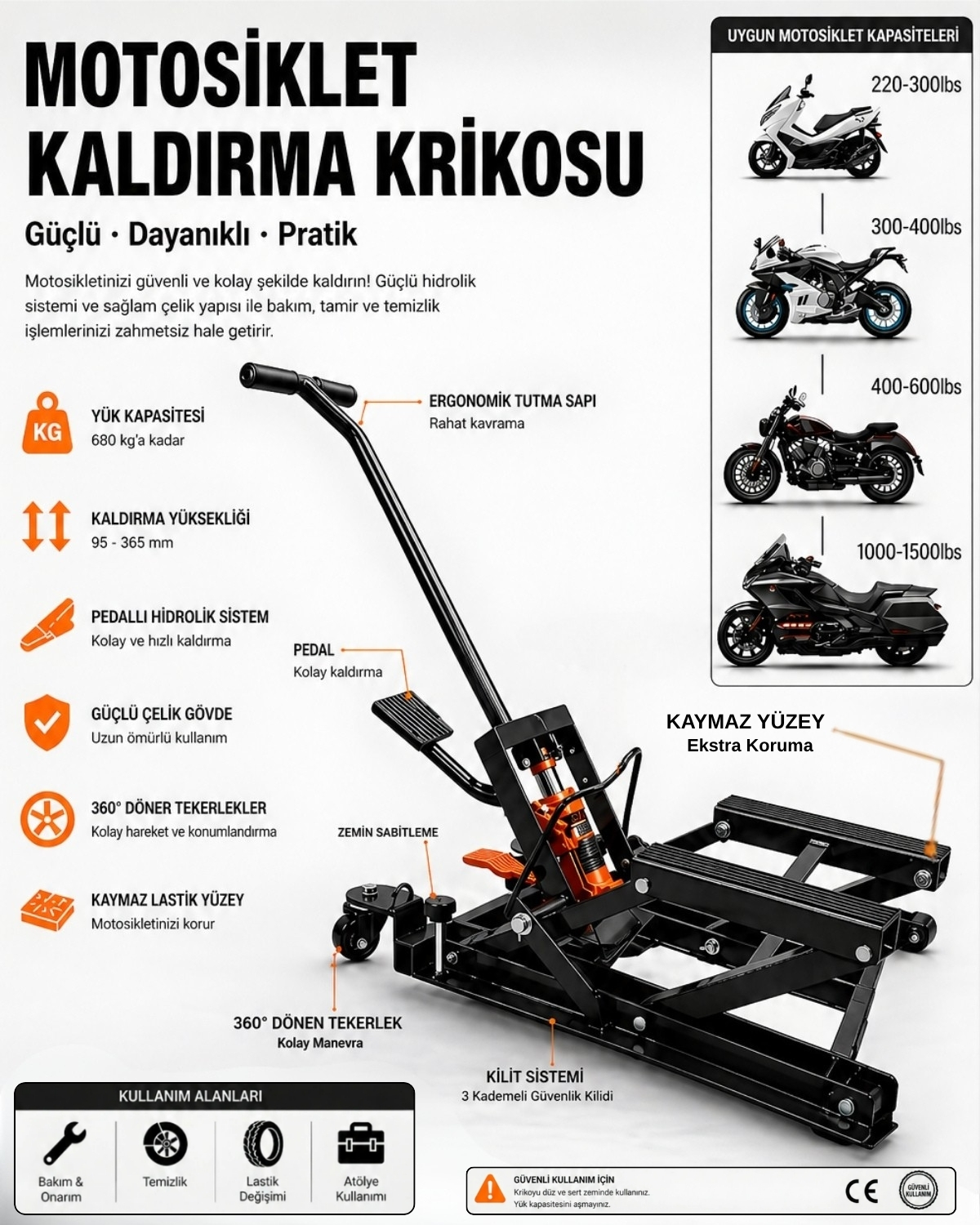 FRIKO 680 Kg hidrolik motosiklet kaldırma krikosu, ATV kaldırma platformu, servis tipi kriko kullanım görseli