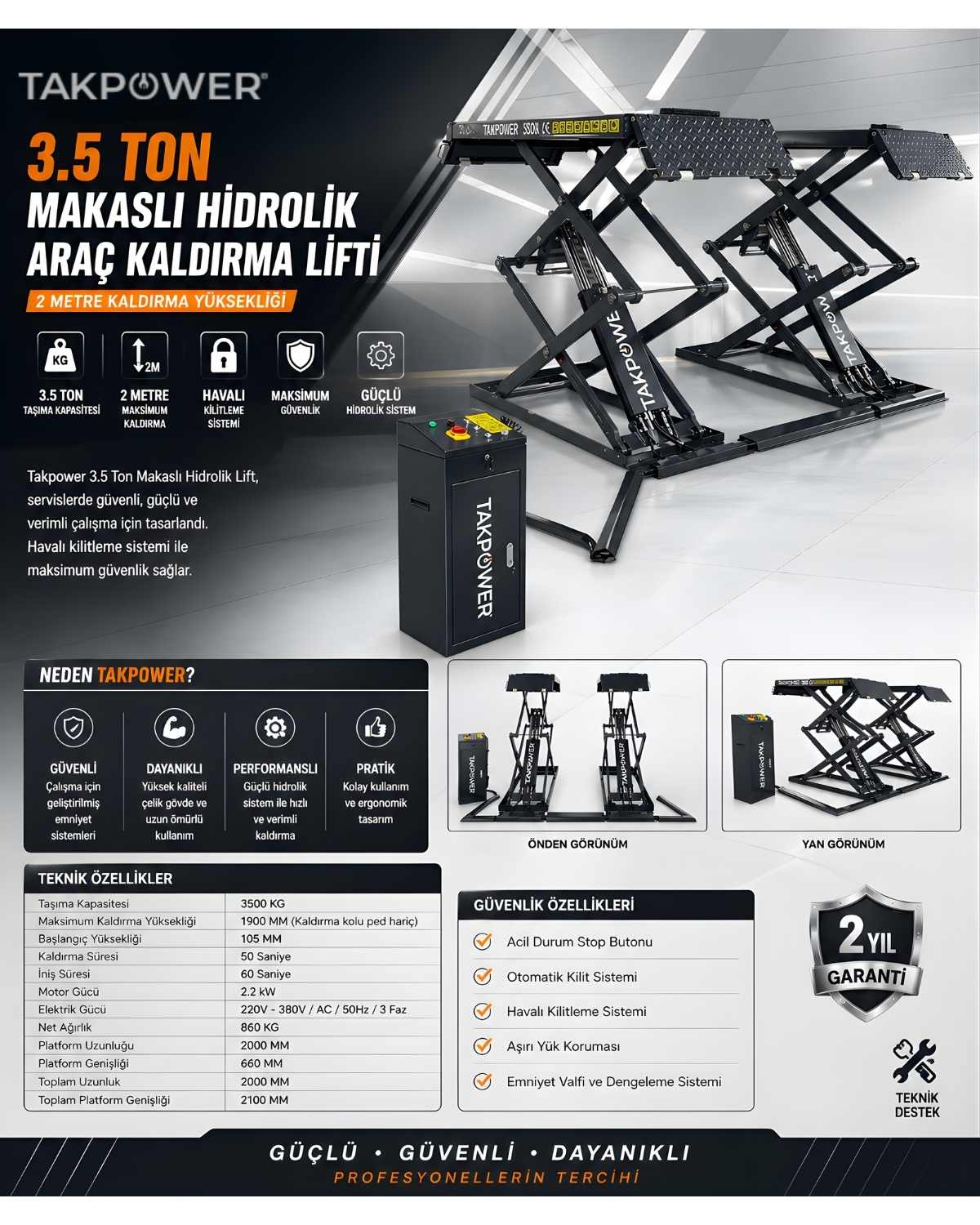 TAKPOWER 3.5 ton makaslı hidrolik araç kaldırma lifti 2 metre oto servis lifti