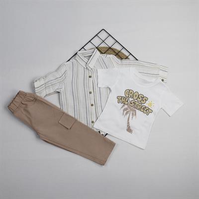 Çizgi Detaylı Müslin Gömlekli Tshirt'Lü 3'Lü Erkek Çocuk Takım