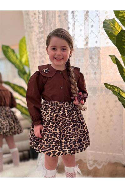 Leopar Detaylı Yakası Nakışlı  Gömlekli Etekli Tokalı 3'Lü Kız Takım