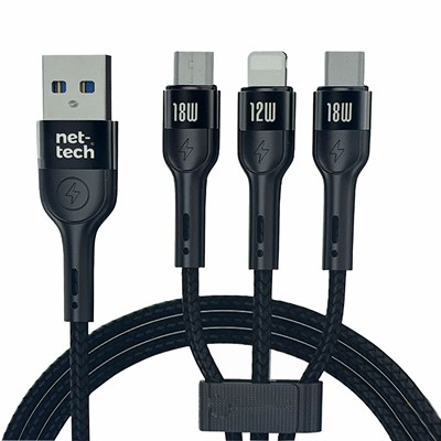 Nettech NT-DC13 İp Örgü 100 Cm USB To Micro + Lightning + Type-C Şarj ve Data Kablosu NT-DC13