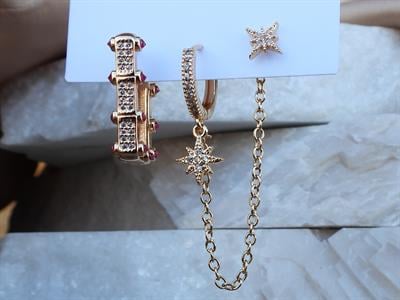 Bordo Zirkon Taş Birleşik Zincir Model 3 lü Set Çelik-YSX Küpe