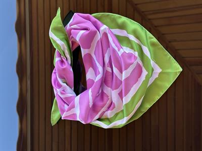 Pembe&Yeşil Geometrik Desen Saten Fular