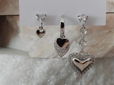 Zirkon & Baget Taşlı Kalp 3 lü Set Çelik-YSX Küpe Silver