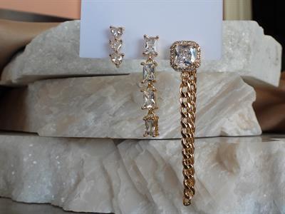 Zirkon & Baget Taşlı Zincir Model 3 lü Set Çelik-YSX Küpe Gold
