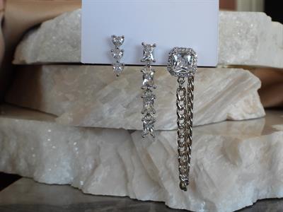 Zirkon & Baget Taşlı Zincir Model 3 lü Set Çelik-YSX Küpe Silver