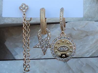 Zirkon Taşlı Charm & Zincir Model 3 lü Set Çelik Küpe