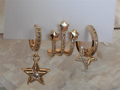 Zirkon Taşlı Çoklu Yıldız Model 3lü Set Çelik-YSX Küpe Gold