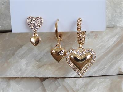 Zirkon Taşlı Kalp 3lü Set Çelik-YSX Küpe Gold