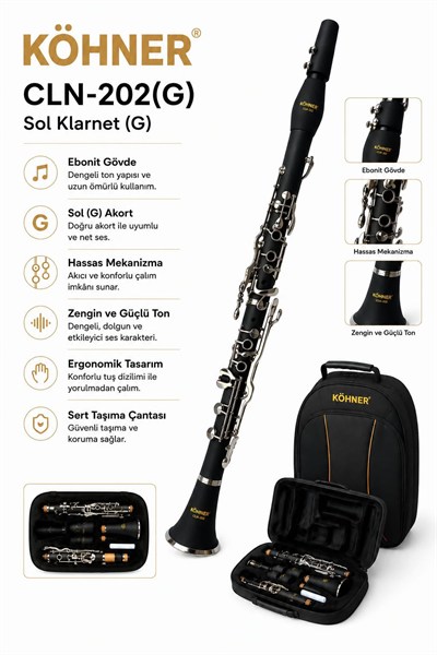 KÖHNER CLN-202 (G) 4 Yüzük, Amati Sistem Sol Klarnet (Ebonit Gövde)
