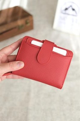 Bozuk Para Bölmeli Çıtçıtlı Şık Hakiki Deri Kadın Cüzdan Kırmızı 1192