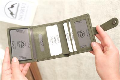Çıtçıtlı Çok Bölmeli Yatay Hakiki Deri Cüzdan Haki 1185