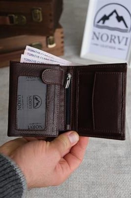 Çıtçıtlı Fermuarlı Bozuk Para Gözlü Hakiki Deri Cüzdan Kahverengi 1291
