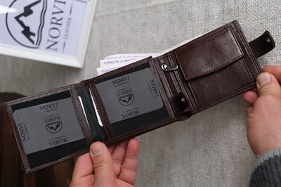 Çıtçıtlı Fermuarlı Bozuk Para Gözlü Yatay Hakiki Deri Cüzdan Kahverengi 1297