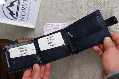 Çıtçıtlı Fermuarlı Bozuk Para Gözlü Yatay Hakiki Deri Cüzdan Lacivert 1297