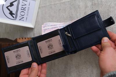 Çıtçıtlı Fermuarlı Bozuk Para Gözlü Yatay Hakiki Deri Cüzdan Lacivert 1297