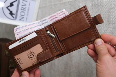 Çıtçıtlı Fermuarlı Bozuk Para Gözlü Yatay Hakiki Deri Cüzdan Taba 1297